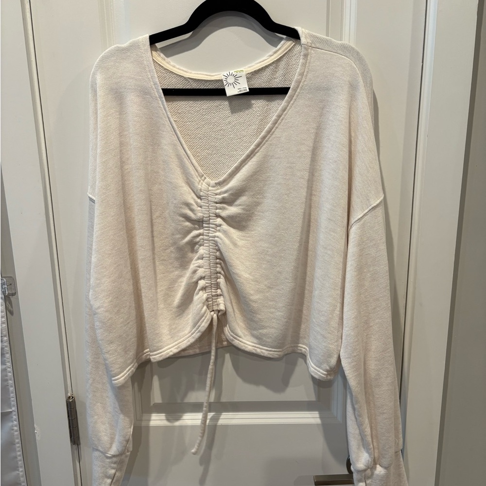 Cream Ruched cropped V-Neck terry sweatshirt